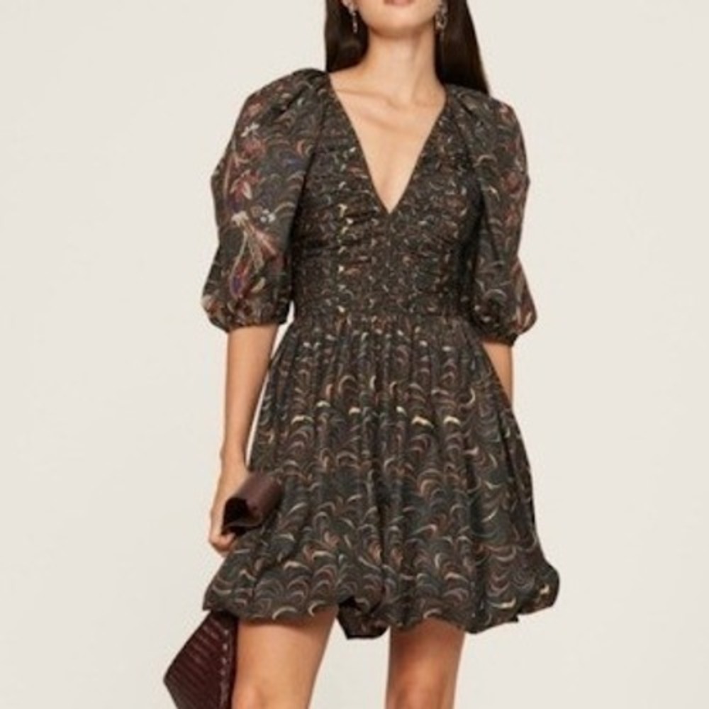 ULLA‎ JOHNSON Gwen Dress Size 12 Obsidian Printed V Neck Puff Sleeve Mini NEW